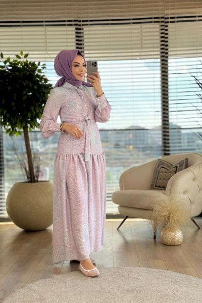 5110 Hitit Desen Elbise Fuşya