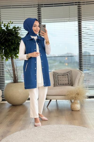 9007 Tencel Cep Kenarı Taş Detaylı Yelek Lacivert